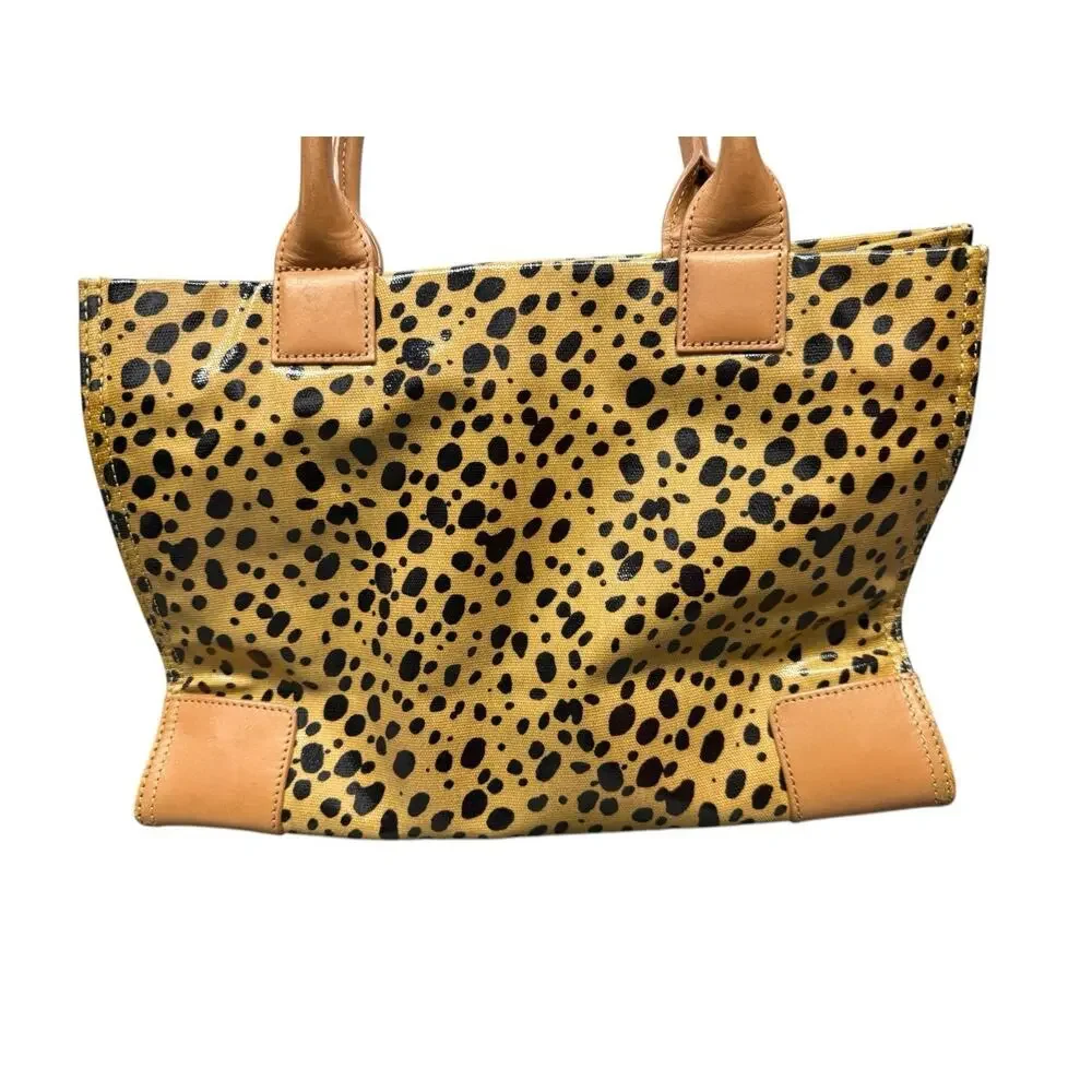 Tory Burch Ella Leopard Print Tote Bag Medium Canvas Brown Leather
